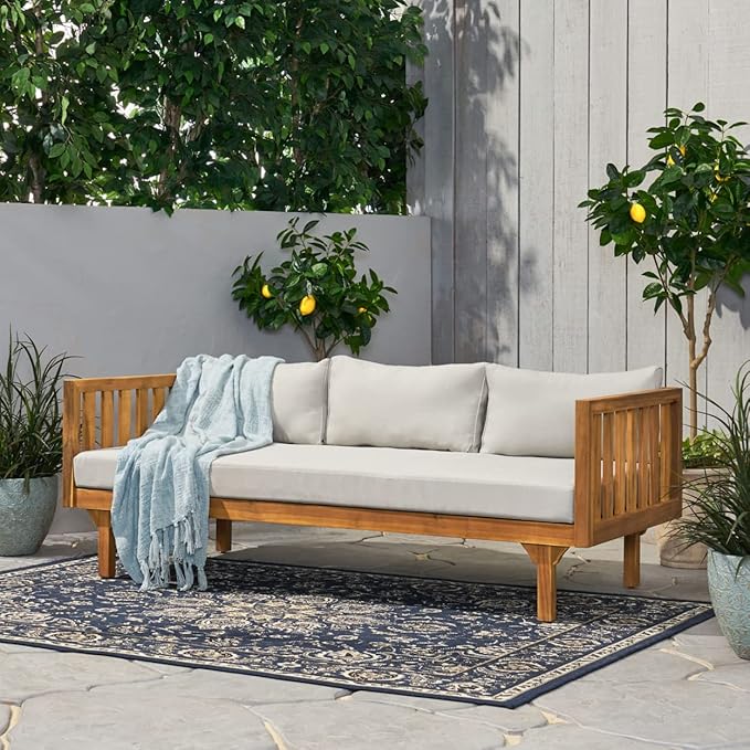 Christopher Knight Home Tina Outdoor 3 Seater Acacia Wood Daybed, Teak Finish, Light Grey - Photo 2