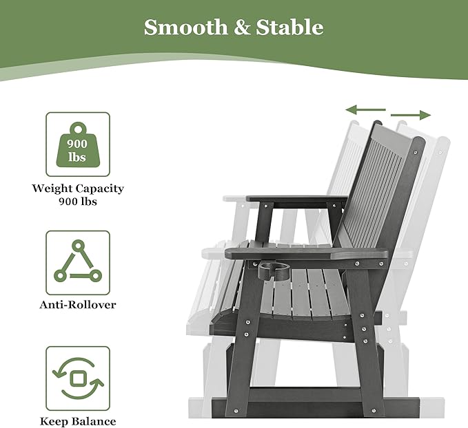 HIPS Patio Glider with Cup Holders, Durable Poly Lumber Material, All-Weather Resistant, High Backrest and Deep Contoured Seat, Heavy Duty 900 LB, for Outdoor, Porch, Patio (Gray, 3-Seat)