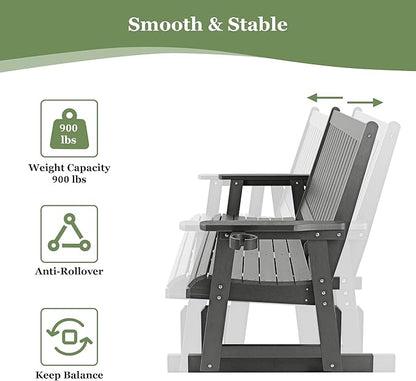 HIPS Patio Glider with Cup Holders, Durable Poly Lumber Material, All-Weather Resistant, High Backrest and Deep Contoured Seat, Heavy Duty 900 LB, for Outdoor, Porch, Patio (Gray, 3-Seat)