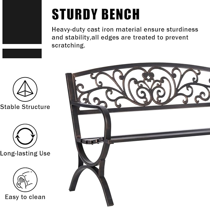 MFSTUDIO Outdoor Metal Bench Set of 2, 50 Inches Outdoor Garden Bench, Cast Iron Metal Frame Patio Park Bench with Floral Pattern Backrest, Arch Legs for Porch Lawn Yard, Bronze