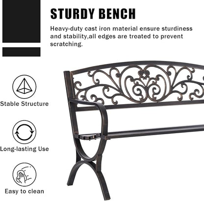 MFSTUDIO Outdoor Metal Bench Set of 2, 50 Inches Outdoor Garden Bench, Cast Iron Metal Frame Patio Park Bench with Floral Pattern Backrest, Arch Legs for Porch Lawn Yard, Bronze