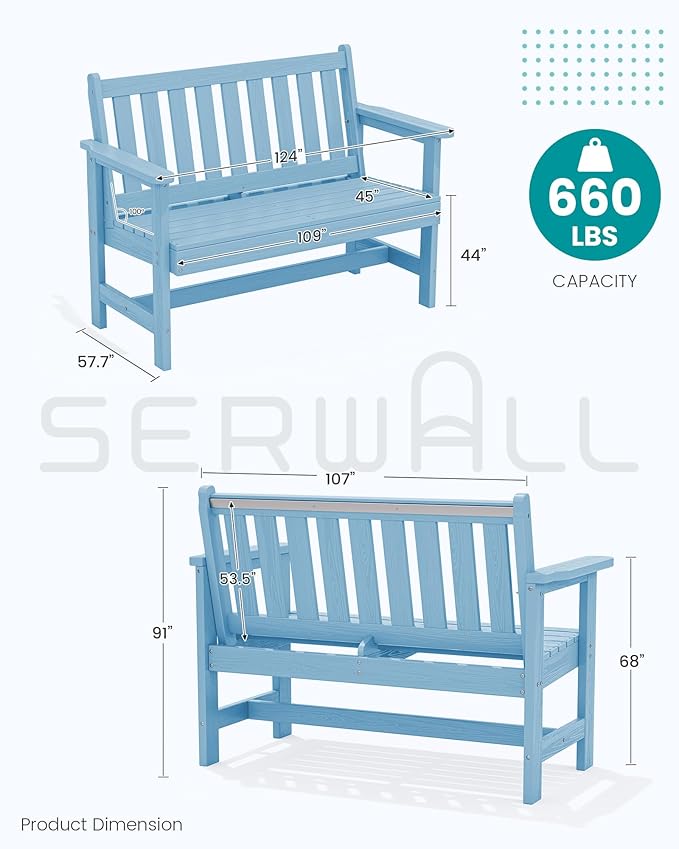 SERWALL Outdoor Bench, HDPE Outdoor Benches Weatherproof, 2-Person Garden Bench with 660 lbs Weight Capacity - Photo 3