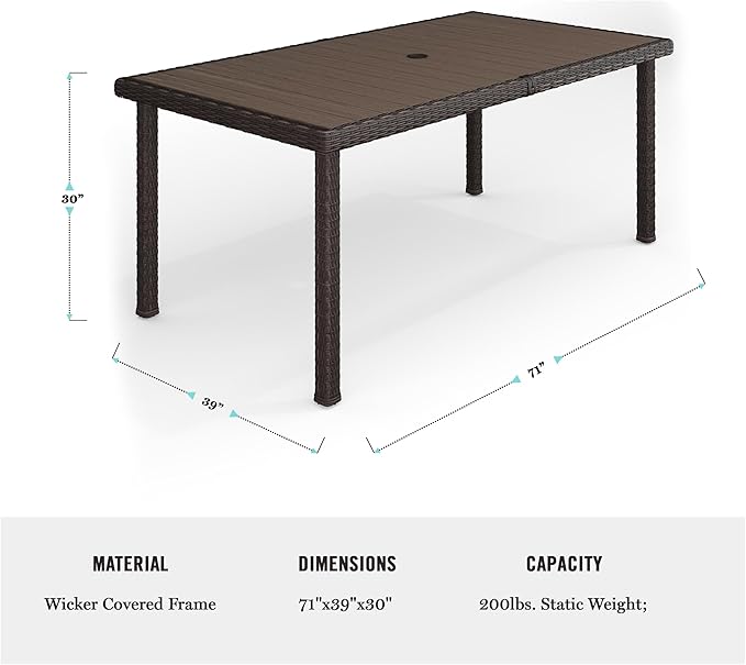 Martha Stewart Bedford 71" Indoor-Outdoor Patio Table with Faux Wood Top and Rattan Wicker Finish in Brown