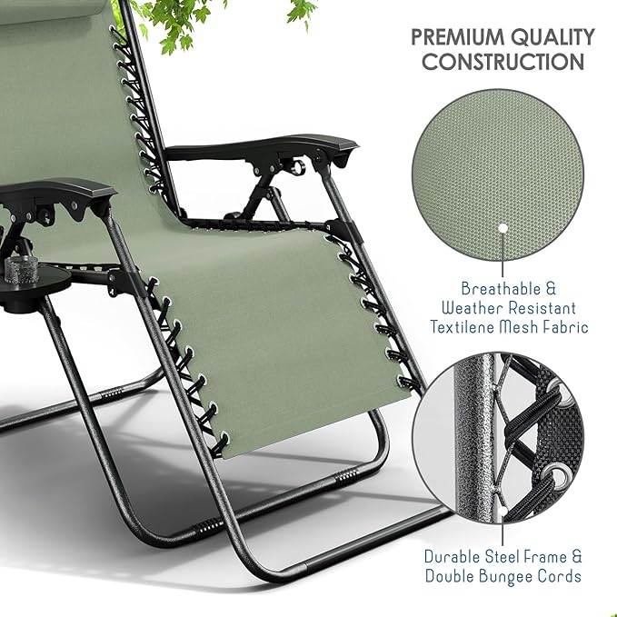 Nestl Zero Gravity Chairs 1 Pk, Portable Patio Lounge Outdoor with Pillows & Cup Holder Trays, Adjustable Steel Lawn Chair for Deck, Beach - Sage Green