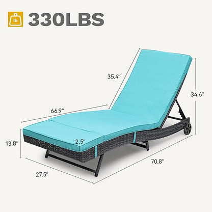 DWVO Outdoor Wicker Chaise Lounge with Cushion, Rattan Poolside Lounge Chair Set of 2 with 5-Position Adjustable Backrest, Removable Cover and Wheels, Blue