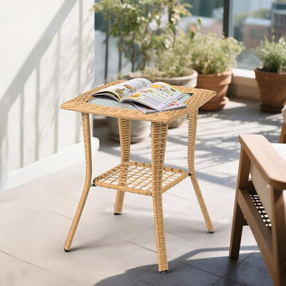 Outdoor Wicker Side Table, Rattan End Table with Glass Top, Patio Coffee Bistro Table for Indoor Garden Porch Balcony
