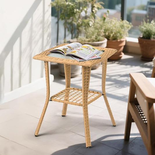 Outdoor Wicker Side Table, Rattan End Table with Glass Top, Patio Coffee Bistro Table for Indoor Garden Porch Balcony