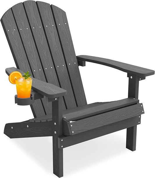 YEFU Adirondack Chair Plastic Weather Resistant, Patio Chairs with Cup Holder Easy Installation, Looks Exactly Like Real Wood, Widely Used in Outdoor, Fire Pit, Outside, Campfire Chairs (Dark Grey)