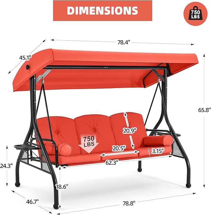 HOMREST 3 Seat Outdoor Porch Swing with Adjustable Canopy, Convertible Patio Swing Bed with Stand - Photo 5