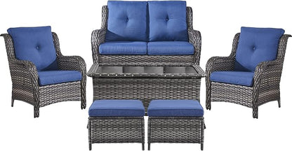 Belord 6 Pieces Patio Furniture Set Outdoor Wicker Furniture, 2 Patio Wicker Chairs with 1 Loveseat Sofa, Coffee Table and Ottomans, Patio Conversation Set for Porch Garden Deck Balcony Poolside