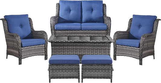 Belord 6 Pieces Patio Furniture Set Outdoor Wicker Furniture, 2 Patio Wicker Chairs with 1 Loveseat Sofa, Coffee Table and Ottomans, Patio Conversation Set for Porch Garden Deck Balcony Poolside