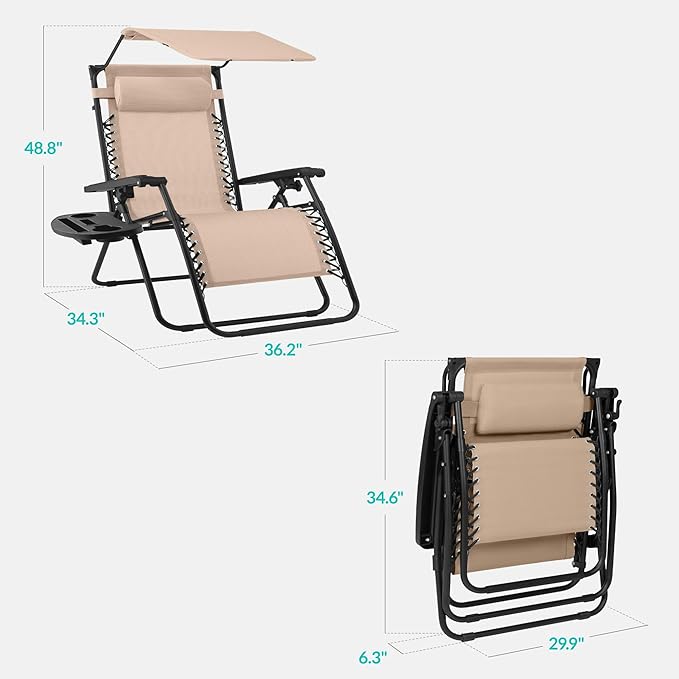 Best Choice Products 30” Wide Folding Zero Gravity Outdoor Recliner Patio Lounge Chair w/Adjustable Canopy Shade - Photo 2