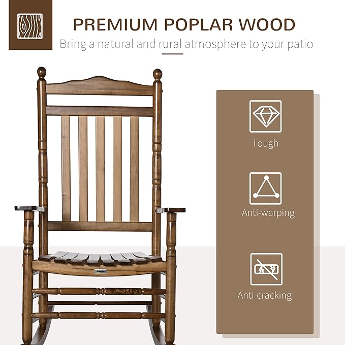 Outsunny Traditional Wooden High-Back Rocking Chair for Porch, Indoor/Outdoor, Brown