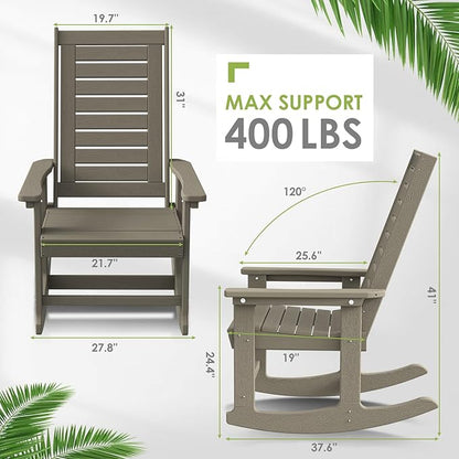 GREENVINES Outdoor Rocking Chairs | Set of 4 | Porch Rocker | HDPE Plastic | Wood Grain | Oversized Rockers | High Back | Big & Tall | Ladder Back | Desert Brown | for Patio Outside