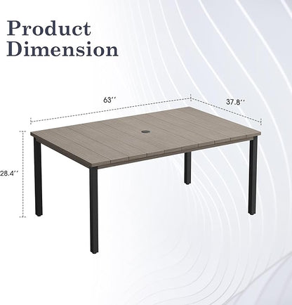 Outdoor Dining Table for 6, 63" Rectangle Outdoor Table with Adjustable Umbrella Hole, All-Weather Metal Patio Dining Table for Lawn Garden Backyard Deck, Grey