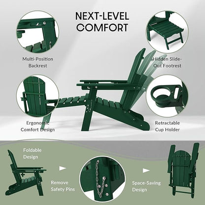 WestinTrends Malibu Folding Adjustable Adirondack Chair with Retractable Ottoman and Cup Holder (Set of 2), Dark Green
