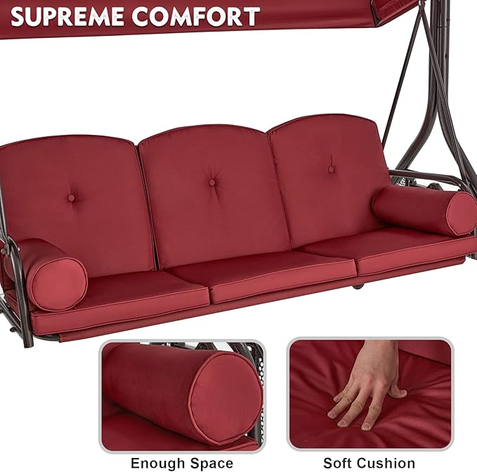 HOMREST 3 Seat Outdoor Porch Swing with Adjustable Canopy, Convertible Patio Swing Bed with Stand - Photo 6