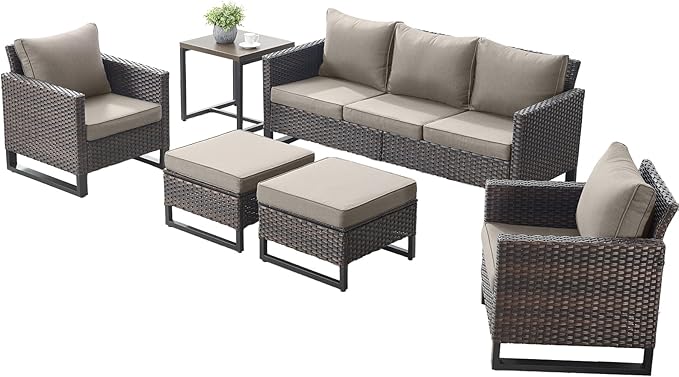 Rilyson Wicker Outdoor Patio Furniture Set - 6 Piece Patio Conversation Set with 2 Armrest Chairs, 2 Rattan Ottoman - Photo 2