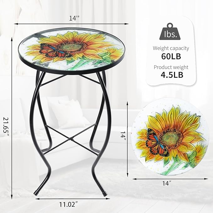 VCUTEKA Patio Side Table Outdoor Accent Table Bistro Coffee Table Plant End Table Small Porch Table Indoor Round Glass Balcony Plant Table Stands Sunflower 14''