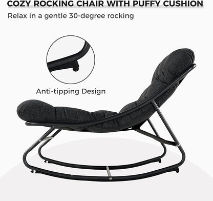 Grand patio Rocking Chair with Foot Stool, Metal Outdoor Rocking Chair with Cushion and Foot Rest, Comfy Lounge Rocker for Living Room Porch Patio, Dark Gray