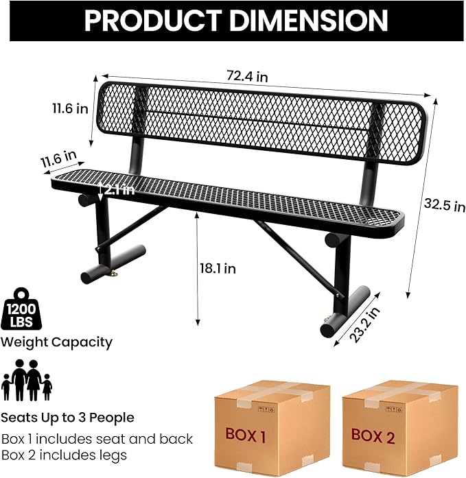 6 Feet Heavy Duty Metal Park Bench for Outside, Outdoor Bench with Backrest & Portable Frame - Photo 2