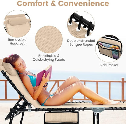 Tangkula Beach Lounge Chair for Outside, Folding Chaise Lounge Outdoor with 4-Position Backrest, Removable Headrest and Side Pocket, Portable Sunbathing Tanning Chair for Patio, Poolside (2, Beige)