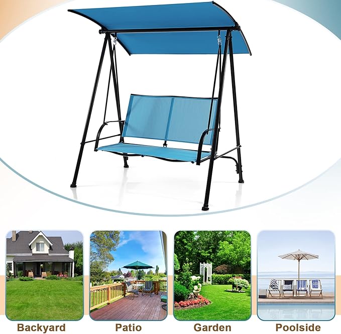Tangkula 2 Person Porch Swing, Patio Swing with Adjustable Canopy, Comfortable Fabric Seat & Heavy-Duty Steel Frame - Photo 8