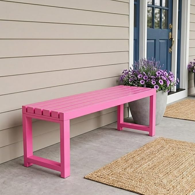 Backless Patio Bench Outdoor Metal Bench, 3.3ft 3.9ft 4.9ft 5.9ft Weatherproof Garden Benches 2-Person Outside Chair for Yard Porch Entryway Sturdy Steel Frame Furniture(Pink,5.9ft)