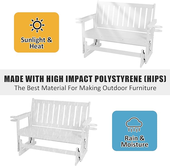 Poly Lumber Patio Glider, HIPS Material Weather-Resistant Swing Bench for Outdoor Porch Garden, White - Photo 5
