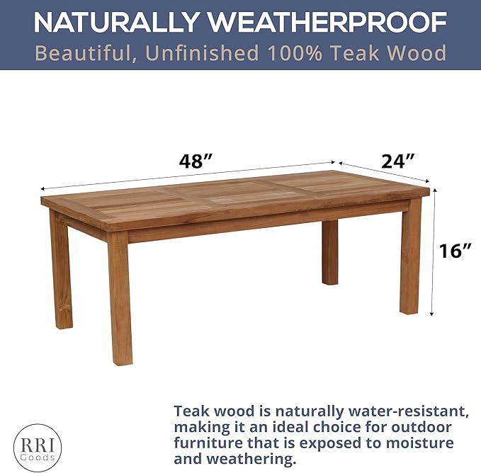 Teak Outdoor Coffee Table, Premium Grade A Teak Wood Patio Furniture, 24"X 48" Rectangular Table for Patio, Balcony, Lawn, Deck, Backyard, Terrace