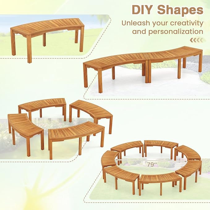 Moccha Outdoor Curved Bench, Acacia Wood Fire Pit Bench w/Slatted Seat, Loveseat, Outside Chair, Patio Backless 2-Person Seating for Balcony Yard Deck Porch 800 LBS Max Load (1, Natural)
