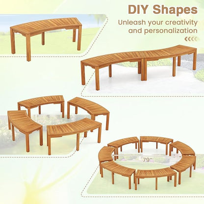 Moccha Outdoor Curved Bench, Acacia Wood Fire Pit Bench w/Slatted Seat, Loveseat, Outside Chair, Patio Backless 2-Person Seating for Balcony Yard Deck Porch 800 LBS Max Load (2, Natural)