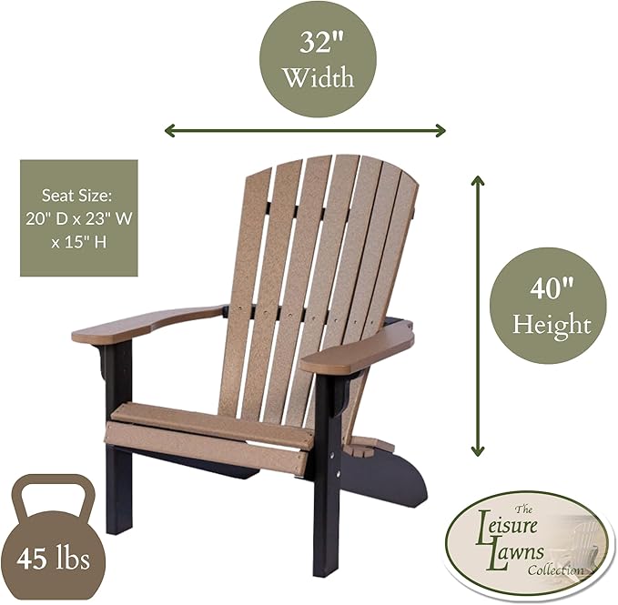 Leisure Lawns Poly Plastic Fanback Adirondack Chair, Outdoor Patio Chair - Amish Made in USA (Weatherwood on Black)