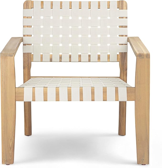 Christopher Knight Home Set of 2 Lena Patio Furniture Acacia Wood Armchair, Woven Rope Outdoor Club Chair, Deep Seating Porch Chairs for Garden, Backyard/Balcony, Light Teak Finish & White