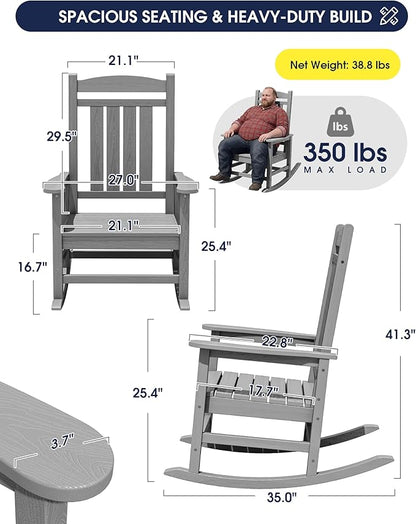 KINGYES HDPE Outdoor Rocking Chair Set of 2, All-Weather Patio Rocking Chair, Weather Resistant Porch Rocker for Adults, Light Gray