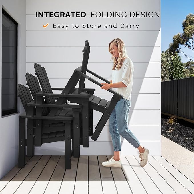 VINGLI Plastic Folding Adirondack Chair with Cup Holder, 100% Recyclable HDPE Material, Comfortable 380lb Weight Capacity for Outdoor Pool Patio Lounge Chair Lawn Furniture Fire Pit, 4 Pack, Black