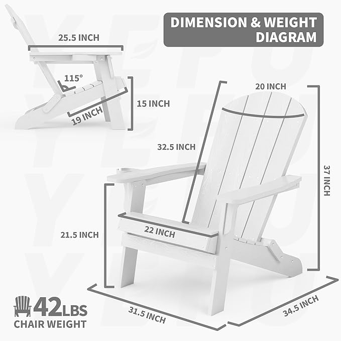YEFU Adirondack Chair, Oversized Plastic Adirondack Chair Folding Outdoor Chairs with Cup Holder, Lawn Chair with Weather Resistant for Outside Deck Lawn Garden, Weight Capacity Up to 400 Lbs(White)