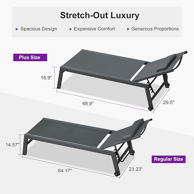 PURPLE LEAF Outdoor Oversized Lounge Chair Set of 3 Patio Chaise Pool Lounger Aluminum Frame with Side Table and Wheels - Photo 4