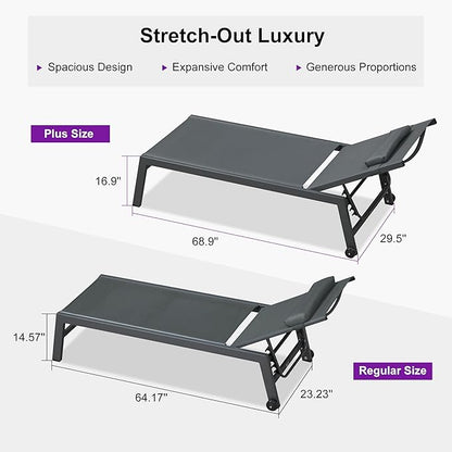 PURPLE LEAF Outdoor Oversized Lounge Chair Set of 3 Patio Chaise Pool Lounger Aluminum Frame with Side Table and Wheels for Outside Sunbathing Tanning Recliner Including Pillows Gray