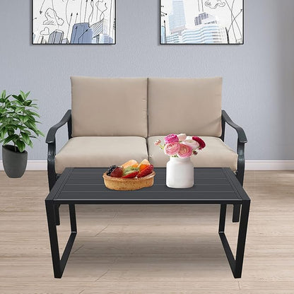 Homvent Outdoor Patio Furniture Love Seat And Coffee Table Set, Outdoor Bench Patio Loveseat Bench with Cushion and Metal Frame, Loveseat Furniture Set Sofa for Garden, Yard, Patio or Poolside (Beige)