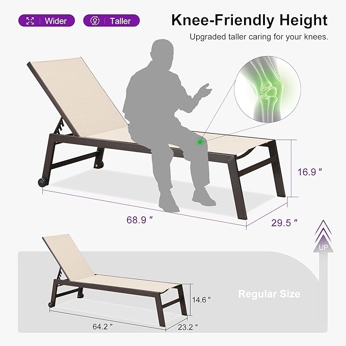 PURPLE LEAF Oversized Patio Lounge Chairs Set of 3, Reclining Pool Lounge Chairs with Side Table and Wheels for All Weather for Outdoor, Deck, Lawn, Aluminum Outside Pool, Cream