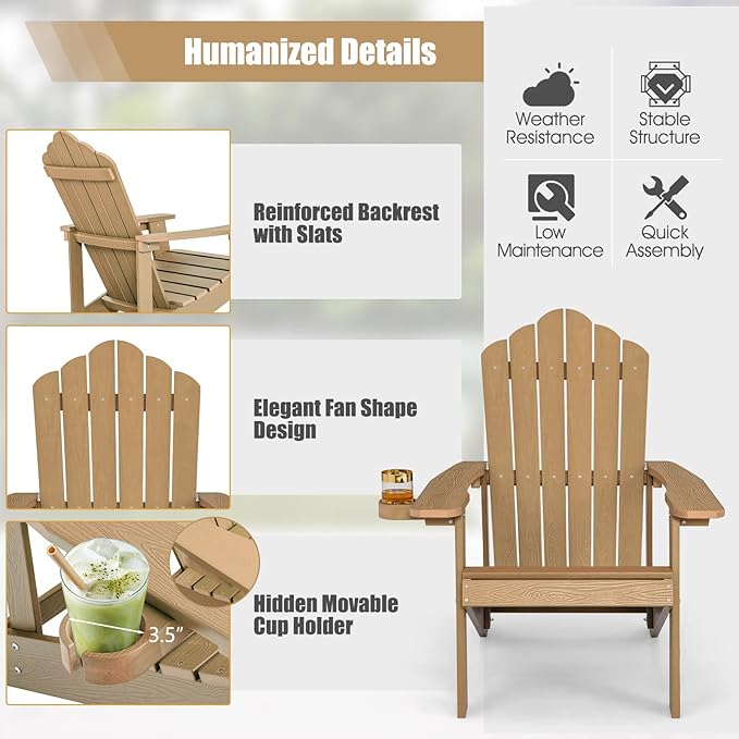 Giantex Outdoor Adirondack Chair - Oversized Patio Chairs w/Hidden Cup Holder, Realistic Wood Grain, 380 LBS Weight Capacity, Weather Resistant Firepit Chairs for Backyard, Garden (1, Teak)