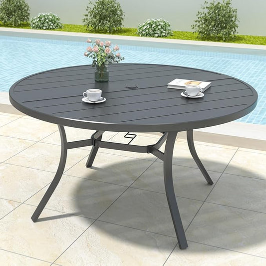 Outdoor Patio Round Dining Table, 54"x 54" Metal Slatted Round Tabletop with Adjustable Umbrella Hole for Deck Lawn Garden Backyard Balcony Deck, Black