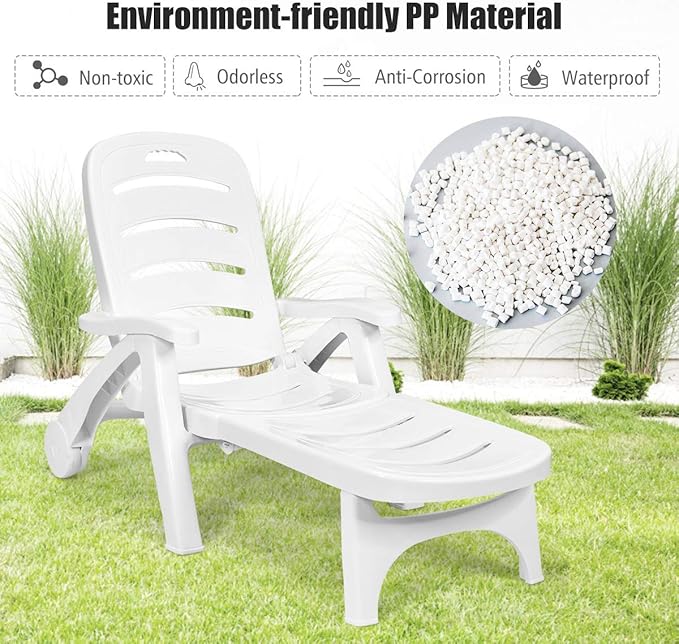 COSTWAY Folding Chaise Lounge with Wheels, 5-Position Adjustable Recliner for Sunbathing, Seaside (White)