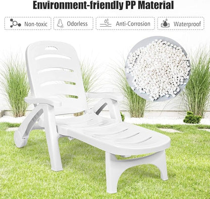 COSTWAY Folding Chaise Lounge with Wheels, 5-Position Adjustable Recliner for Sunbathing, Seaside (White)