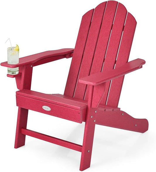 Tangkula Adirondack Chair Outdoor, Fade Resistant HDPE Armchairs with Cup Holder, Weather Resistant Lounger Chairs for Patio Garden Backyard Deck, Lawn Porch Seating, Adirondack Lounger (1, Red)