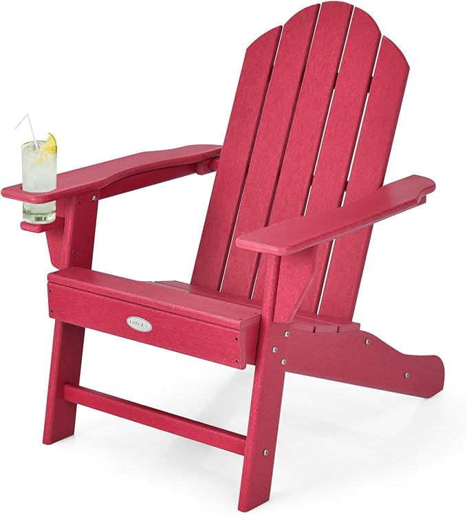 Tangkula Adirondack Chair Outdoor, Fade Resistant HDPE Armchairs with Cup Holder, Weather Resistant Lounger Chairs for Patio Garden Backyard Deck, Lawn Porch Seating, Adirondack Lounger (2, Red)