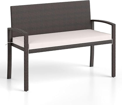 Tangkula Outdoor Rattan Bench, 2-Person Patio Loveseat with Removable Seat Cushion, Metal Frame, Backrest & Armrests, for Porch, Backyard, Garden, Balcony, Brown