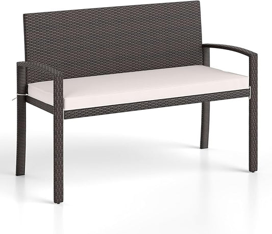 Tangkula Outdoor Rattan Bench, 2-Person Patio Loveseat with Removable Seat Cushion, Metal Frame, Backrest & Armrests, for Porch, Backyard, Garden, Balcony, Brown