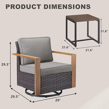 Outdoor Patio Swivel Rocker Chairs - 3 Piece Wicker Patio Furniture Bistro Set with 2 Swivel Rocking Chairs and 1 Metal Side Table,Thick Cushions,Deep Seating for Deck Porch Garden(Brown/Grey)